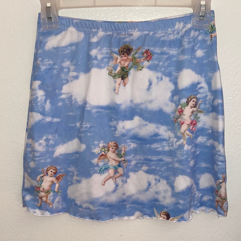 SHEIN Blue Sky Cherub Print Mini Skirt
